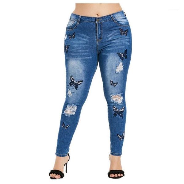 

2020 autumn elastic high waist washing skinny jeans ladies streetwear plus size hole embroidery stretchy jeans1, Blue