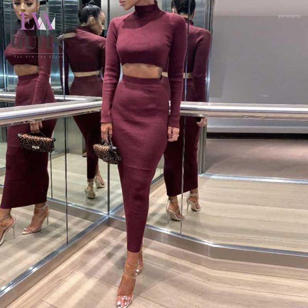 

evaqueen 2020 autumn bodycon 2 piece set women fashion crop and long sleeve casual two piece set solid clothes outfits1, Gray