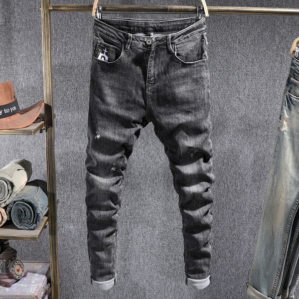 

2021 new autumn newly designer fashion men jeans vintage black gray elastic slim fit ripped pencil pants korean style denim trousers male ts, Blue