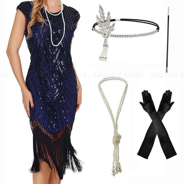 

women 1920s vintage flapper long fringe sequined beaded great gatsby roaring 20s party dress with 20s accessories set1, Black;gray