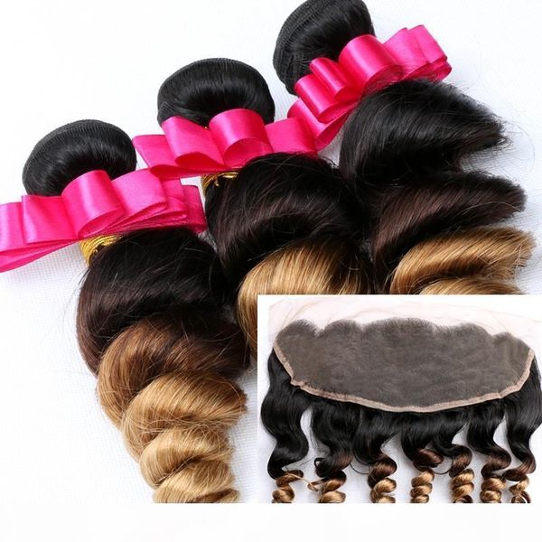 

loose wave peruvian ombre human hair bundles with frontal #1b 4 27 honey blonde ombre weaves 3pcs with 1pc 13x4 lace frontal closure, Black;brown
