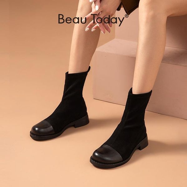 

boots beautoday ankle women stretch fabric shoes calfskin round toe slip-on ladies autumn winter sock handmade 02028, Black