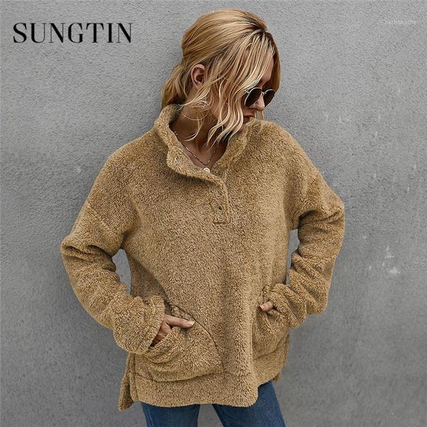 

sungtin pullover lapel women sweatshirts fleece fur thick coat solid long sleeves warm winter pockets overcoat 2020 new fashion1, Black