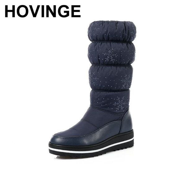 

boots hovinge women mid calf wedge med heel round toe winter shoes snowflake elastic band ladies snow, Black
