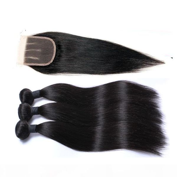 

brazilian virgin hair straight weaves with closure 4*4 unprocessed mongolian human hair weft with lace closure for a full head hair, Black