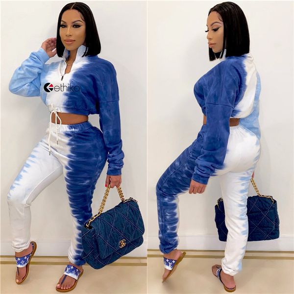 

brand women tracksuit color tie dye outfit two piece clothing sets designer letters hoodie zipper crop legging pants suit s-xl d102601, Gray