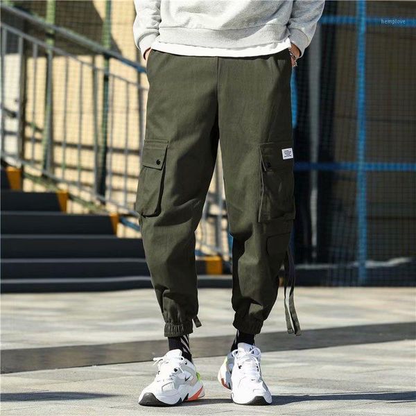 

men streetwear ribbons cargo pants 2020 mens overalls hip hop sweatpants male baggy fashoins kahki joggers track pants1, Black