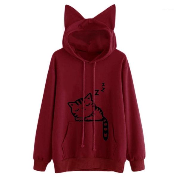 

new fashion cat ear hooded sweatshirts womens cat printed long sleeve hoodies pullovers1, Black