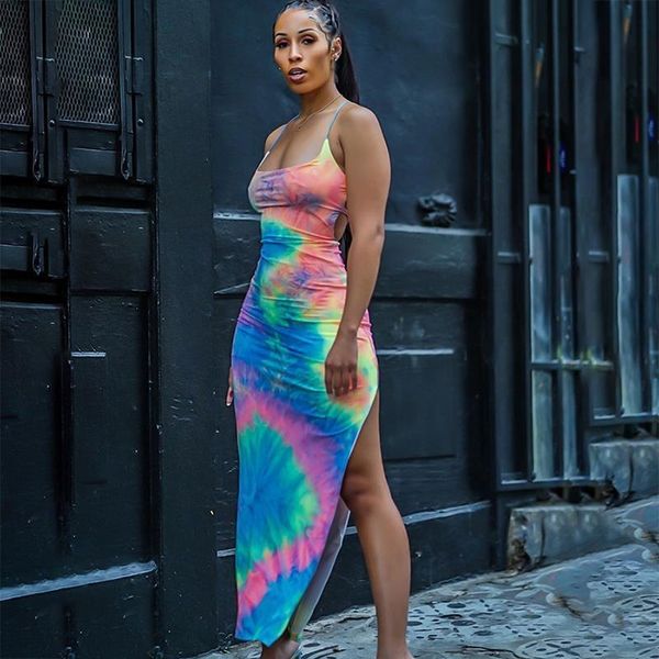 

backless lace up bodycon dress tie dye side slit women maxi dresses strap sleeveless party summer sundress new, Black;gray
