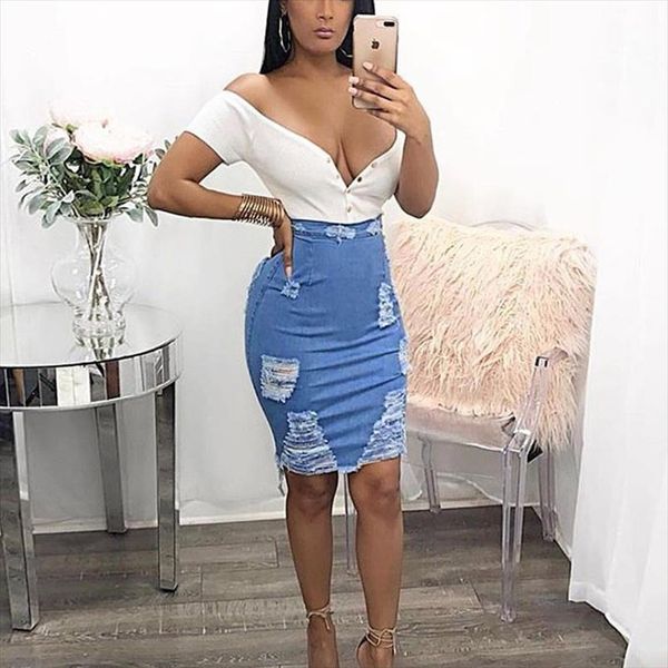 

high waist distressed pencil skirt blue light wash denim women casual mini summer skirts 2021 fashion ripped bodycon skirt, Black