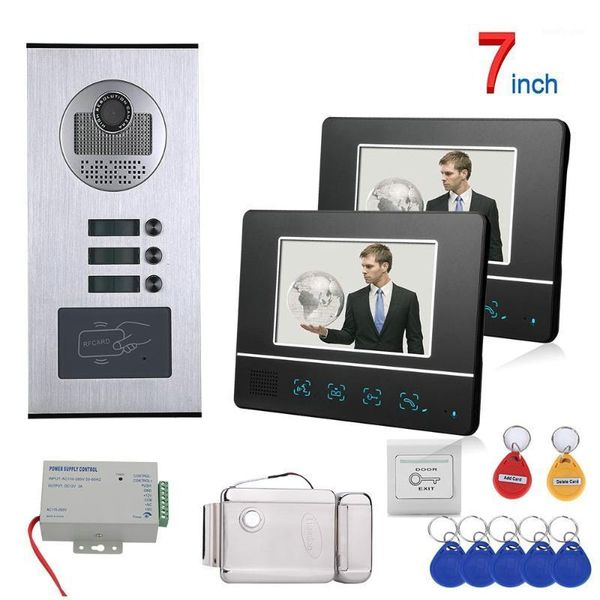 

video door phones 7 inch touch button 2 apartment/family phone intercom system rfid 1000tvl doorbell camera +electric strike lock1