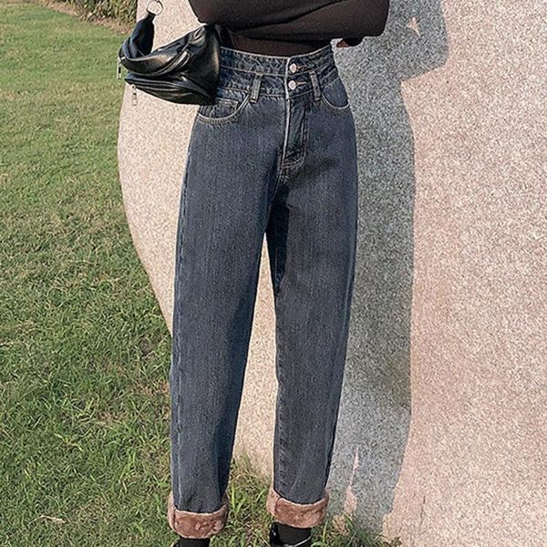 

women's 2021 winter new fashion and casual loose solid color pockets high-waisted slimming daily jeans baggy thick long trousers, Blue