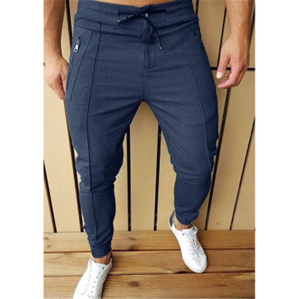 

mens solid color pants fashion trend zipper buttons drawstring sports pencil pant spring male new pleated line zipper casual skinny trousers, Black