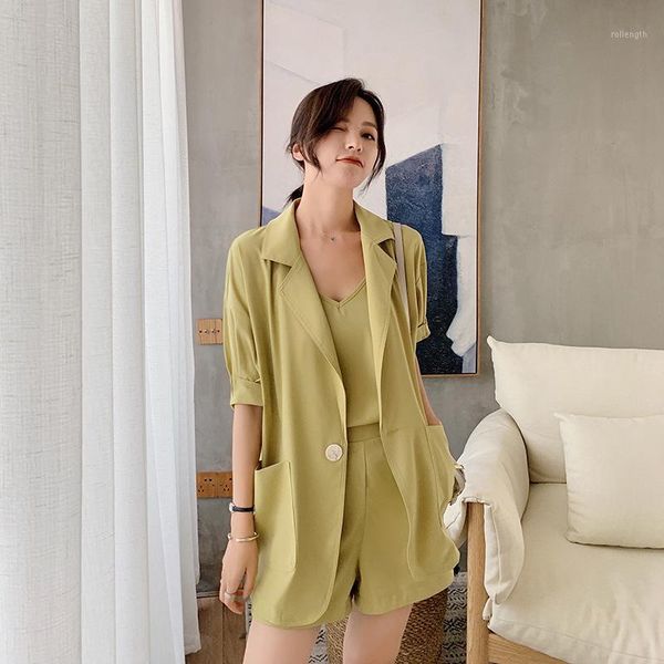 

p: 2020 summer korean version loose temperament, two-piece net red suspender shorts, three-piece suit suit, female1, White;black