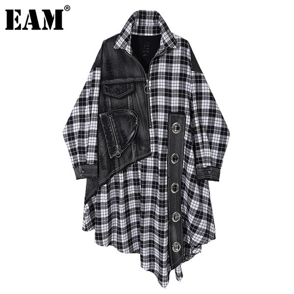 

[eam] women black plaid denim big size shirt dress new lapel long sleeve loose fit fashion tide spring autumn 2020 lj201202, White;black