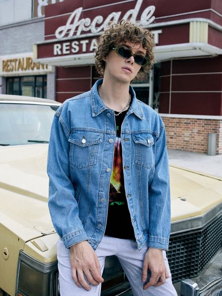 

romwe guys button front pocket denim jacket without pullover k763#, Blue