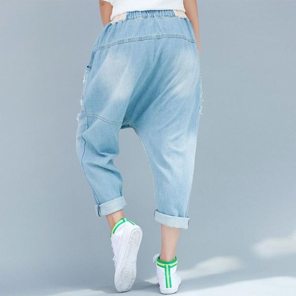 

women's jeans casual denim cross-pants women loose fit streetwear hole ripped harem boyfriend pants vintage washed elastic waist trouse, Blue