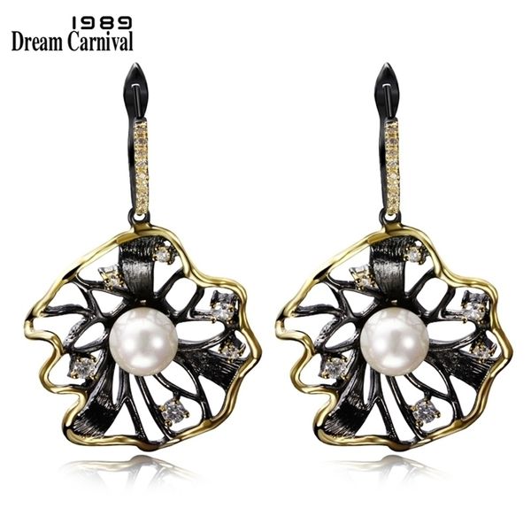 

dreamcarnival 1989 lotus flower earrings hollow created pearl cz black gold color hip hop pendientes tipo gota parties jewelries 220210, Silver
