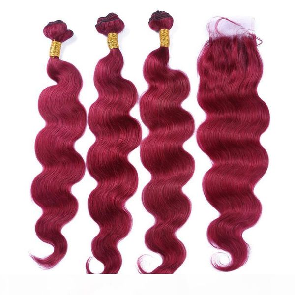 

virgin indian burgundy red human hair wefts with lace closure body wave wine red #99j human hair 3bundles with 4x4 lace closure, Black;brown