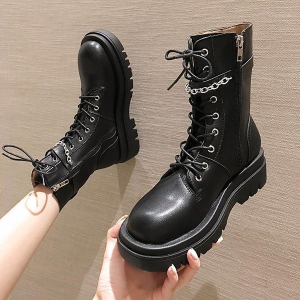 

boots fashion chunky women motorcycle shoes lace up platform ankle female leather woman high heels botas mujer1, Black