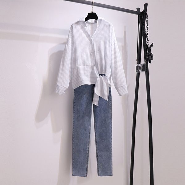

fashion autumn suit design sense minority v-neck shirt denim high national shirtshirt shirtwaist small leg pants elastic capris women twuho, Gray