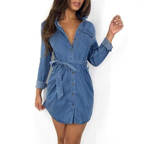 

fashion loose jeans dress women elegant denim shirt with button pocket long sleeve loose long shirt 2020 autumn dress1, Black;gray