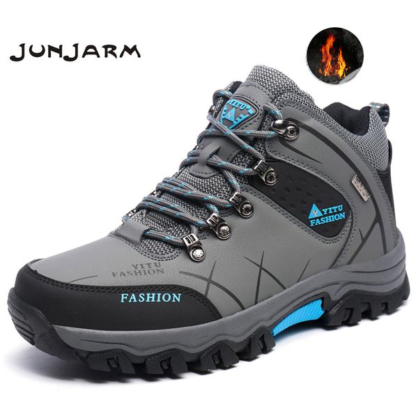 

junjarm brand men winter snow boots warm super men waterproof leather sneakers outdoor male hiking boots work shoes t200305, Black