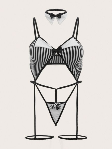 

plus striped cut-out garter teddy bodysuit & bow tie v1gv#, Black;white
