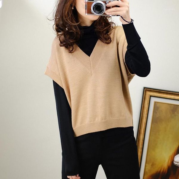 

2019 spring women's knitted vest sweater v neck vest female sweater outerwear loose plus sized short sleeve pullover1, Black;white