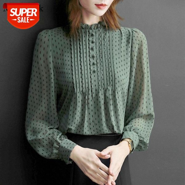 

new korean plus size long sleeve shirts for women polka dot loose chiffon blouse femme ruffles vintage ladies mujer 11859 #b56n, White