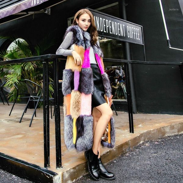 

fashion winter women's fur vest coat warm long vests fur women faux patchwork color outerwear jacket plus size 4xl y481, Black