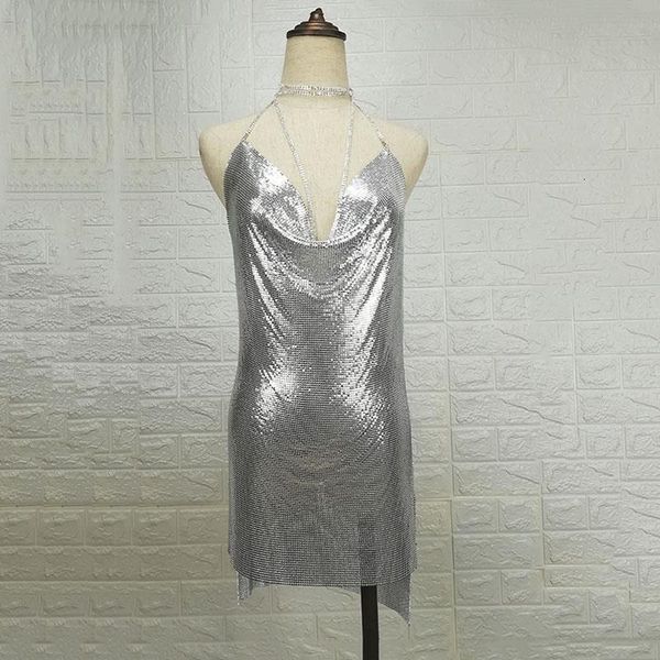 

2019 new metal halter night club summer deep v-neck dress women beach dress sequin mini club party dresses vestidos, Black;gray
