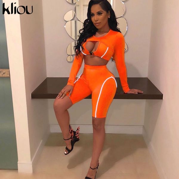 

kliou women slim skinny two pieces set reflective striped patchwork outfit 2019 hollow out button crop with shorts tracksuit x0923, Gray