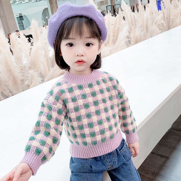 

children's mink baby 2020 winter new plaid round neck pullover girls' sweater, Blue