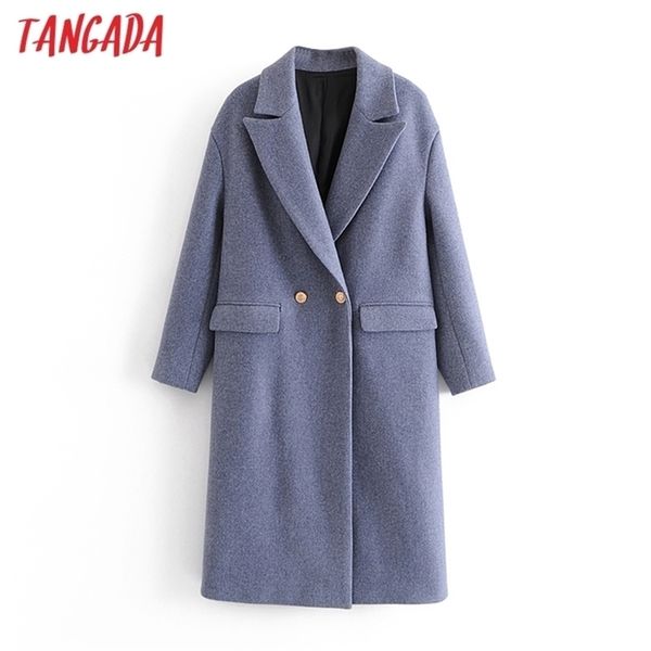 

tangada women blue thick long wool coats jacket loose long sleeves pocket winter elegant coat 3w45 201221, Black