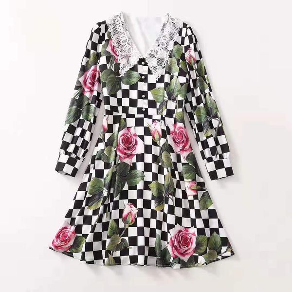 

european and american women's clothing 2021 new style for spring long sleeve lace lapel plaid rose print fashion dress, Black;gray