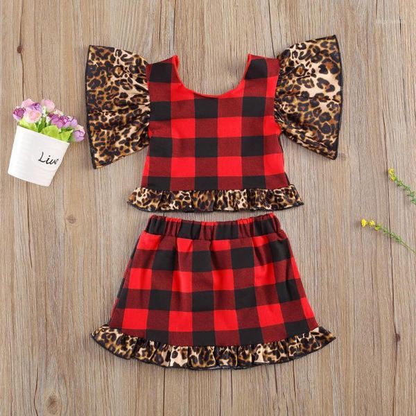 

1-6years toddler kid baby girls plaid outfits, leopard patchwork ruffle sleeve round neck + mini skirt 2 pcs clothes set1, White