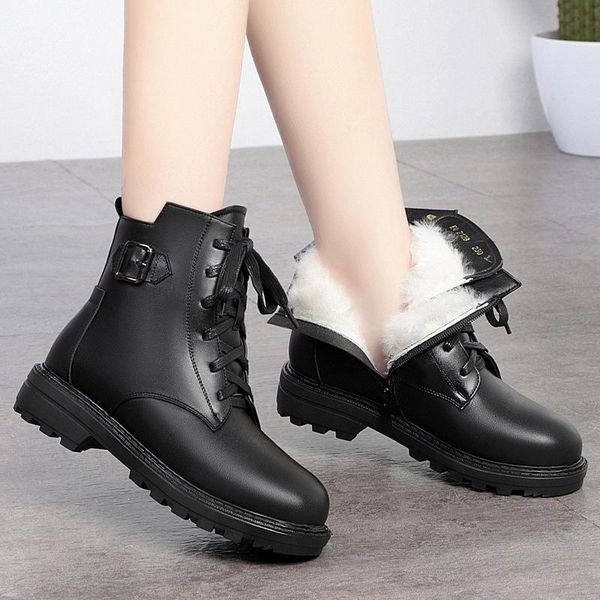 

z75 winter wool boots women ankle boots warm genuine leather lace-up casual platform plush women botas mujer, Black