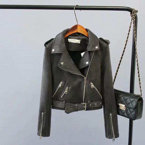 

women suede clothes turndown fly black leather jacket short jackets hkxt