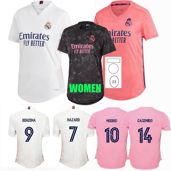 

real madrid women soccer jerseys 2020 2021 vinicius jr valverde courtois hazard kroos benzema modric 20 21 football female shirt, Black;yellow