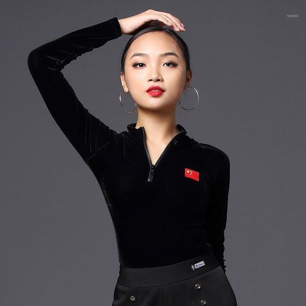 

modal velvet latin dance shirt women's black zipper long-sleeved ballroom samba practice clothes men's training dwy25981, Black;red