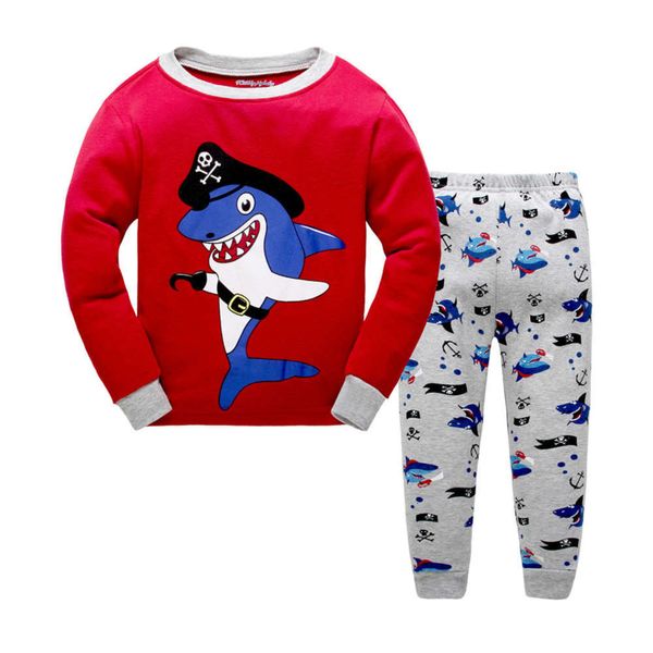 

animal cotton housewear boys' long sve printed pajamas shark children's set, Blue;red
