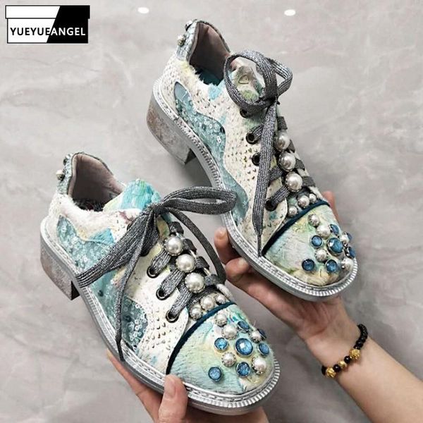 

spring mesh breathable hollow out rhinestone shoes women street lace up print pearl ladies thick heel shoes sapato feminino, Black