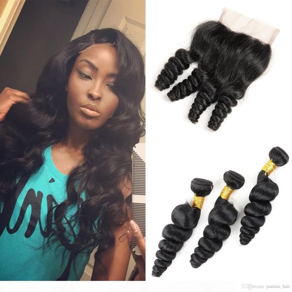 

8a brazilian virgin hair with closure extensions 4 bundles brazilian loose wave with 4x4 lace closure unprocessed remy human hair weave, Black