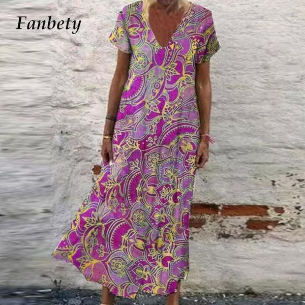 

party dresses retro floral printed short sleeve ladies long dress women elegant v neck loose 2021 summer casual plus size, White;black