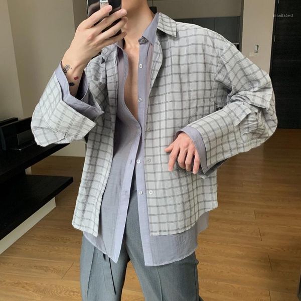 

xs-xlhomemade men and women new imported plaid satin stitching fake two - piece fold - wear loose neutral shirt.1, White;black