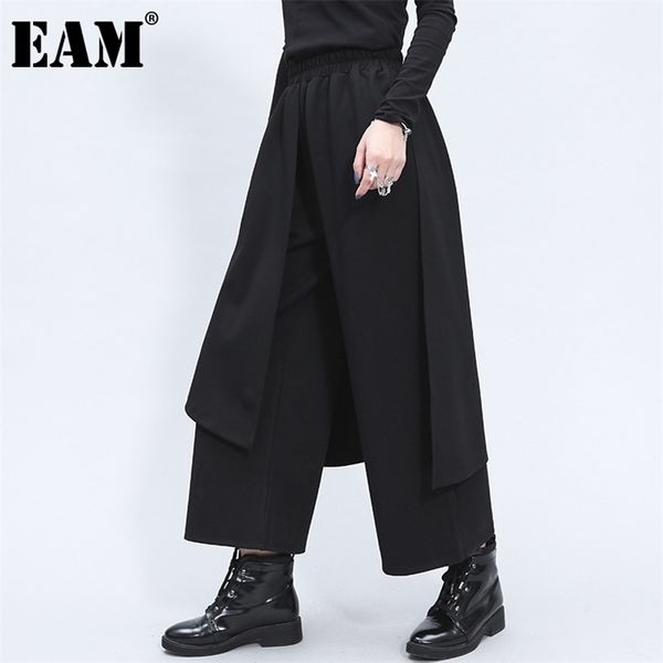 

[eam] high elastic waist black split joint long wide leg trousers new loose fit pants women fashion spring autumn 2020 lj201029, Black;white