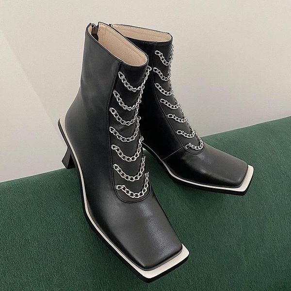 

new fashion autumn winter black white ankle boots for women high qulaity genuine leather high heels square toe dress party boots