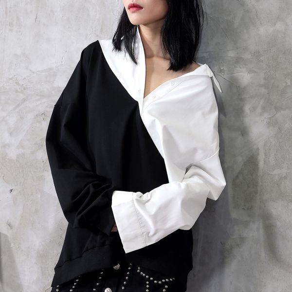 

20a/w pure cotton contrast-color bf wind loose ulzzang long-sleeve polo sweater long coat female qd658, Black