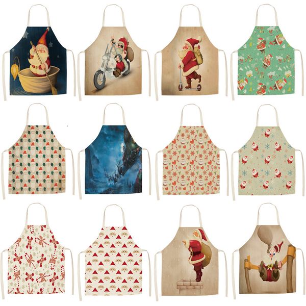 

1pcs christmas santa claus printed cleaning aprons home cooking kitchen apron cook wear cotton linen bibs 53*65cm cm1010
